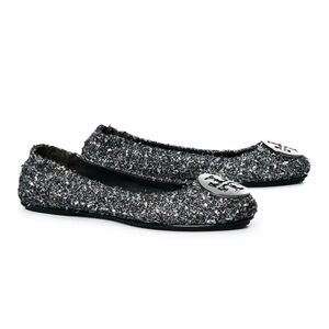 NEW Tory Burch Minnie Jacquard Silver/Gunmetal Pave  Flats